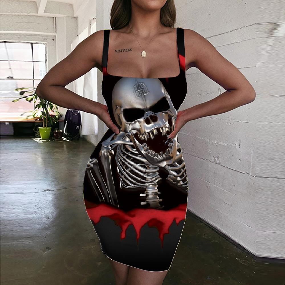 ladies skull dress Women's Halloween Skeleton Dress Costume Female Sexy Skull Pattern Long Sleeve Stretchy Short Mini Dresses Lady Cosplay Party Game Festival Stage Performance Fancy Dress up
