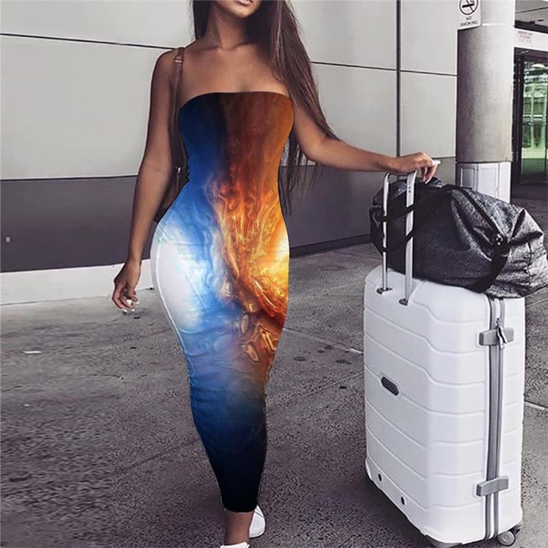 Flame Dress Women Blue Flame Vestido Sexy Hip Hop 3d Print Womens Clo