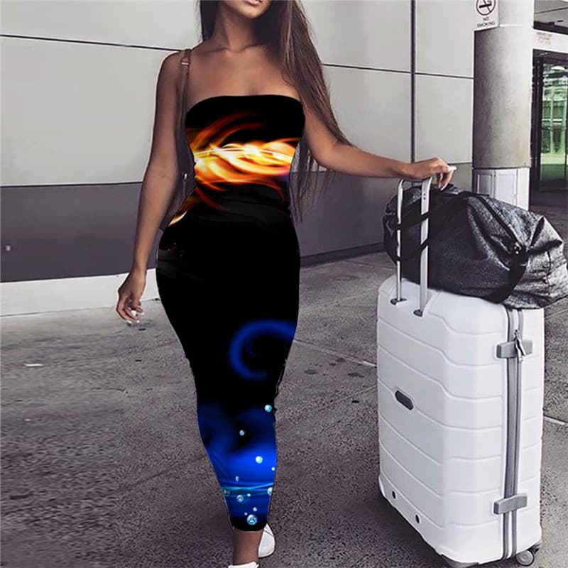 Blue Flame Dress Women Red Flame Bodycon Dress Colorful Boho Harajuku