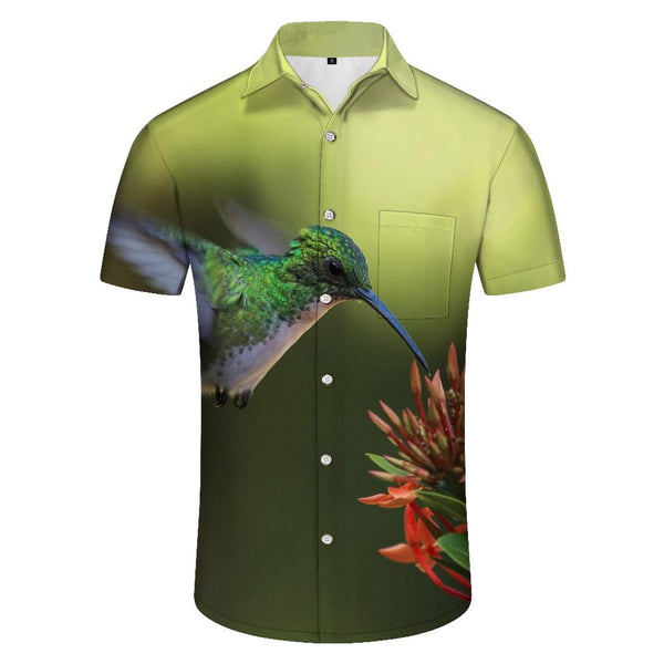 
Men's button down shirt short sleeve hummingbird and colorful flowers nature animals hawaiian tropical four seasons loose casual top
                
