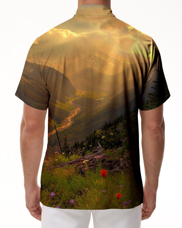 
Mountain sunset scenery tropical Hawaiian style beach button-down lapel men's daily simple casual loose short-sleeved shirt
                