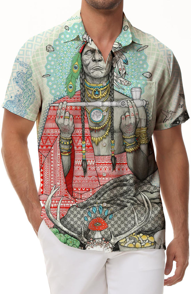 Colorful Indian Buddhist God Fashion Men's Short Sleeve Hawaiian Button Pocket Lapel Ocean Beach Top