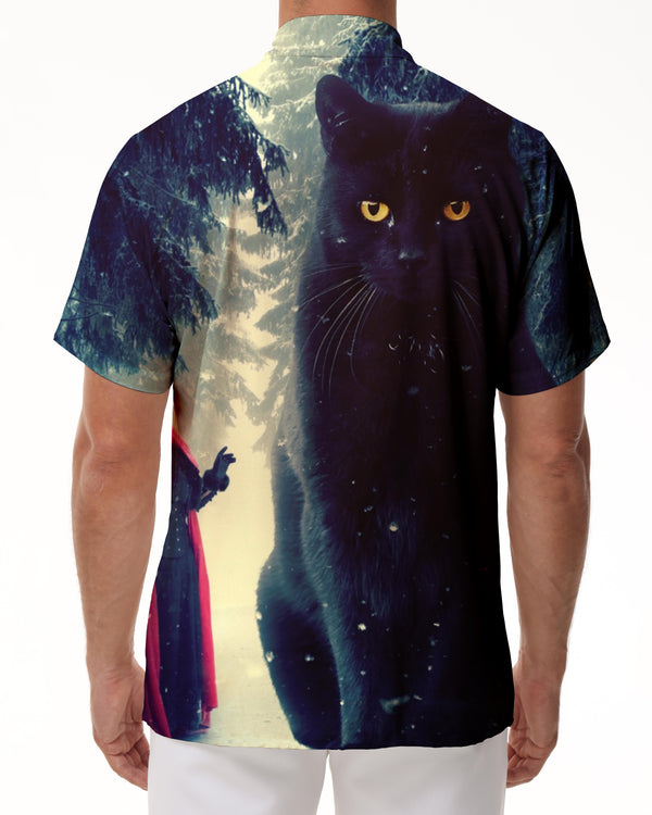 
Huge black cat print men's Hawaiian shirt short sleeve button down shirt top suitable for casual vacation beach
                