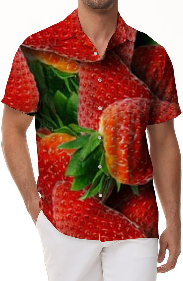 Strawberry print pattern Hawaiian button-down lapel pockets fun and stylish cool daily travel seaside short-sleeved shirt