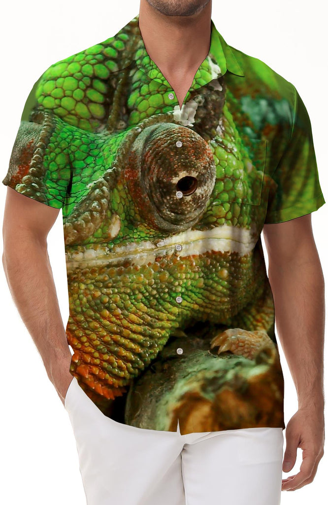Green Lizard Men's Loose Short Sleeve Button Shirt Hawaiian Four Seasons Button Beach Casual Shirt Tops