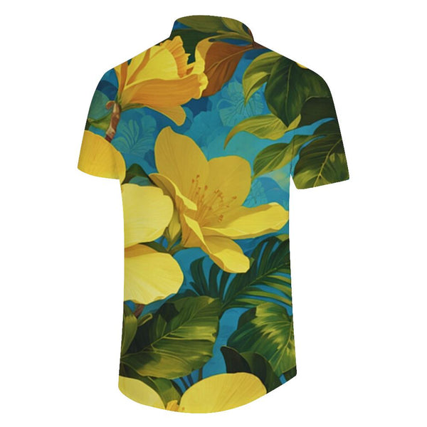
Yellow flower summer button-down men's Hawaiian shirt short sleeve pocket short sleeve shirt tropical seaside party
                
