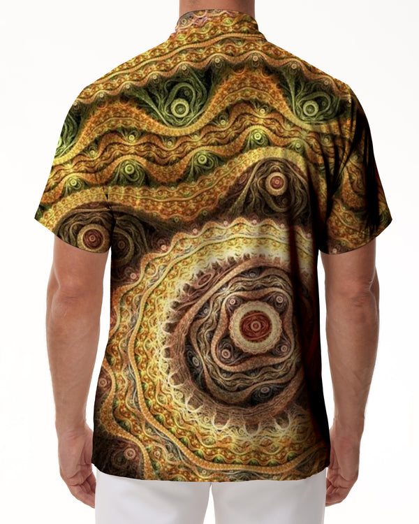 
Indian digital print golden yellow tropical button men's casual loose button shirt four seasons beach wear
                