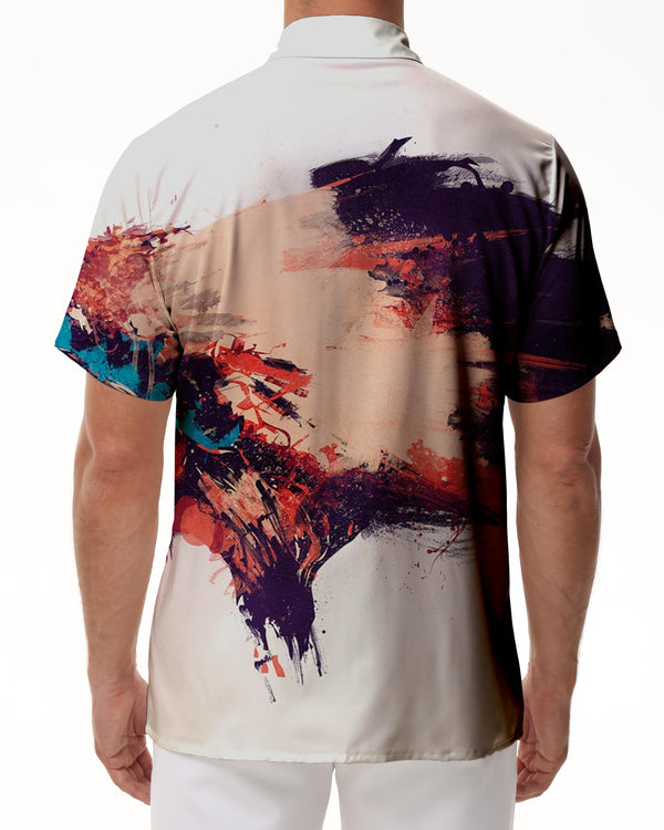 
White abstract painting digital printing men's casual short-sleeved shirt dynamic 3d printing pattern casual Hawaii
                
