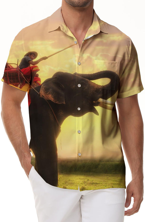 Thailand Wild Nature Elephant Pattern Print Men's Formal Shirt Casual Button Short Sleeve Summer Beach Shirt Vacation Shirt