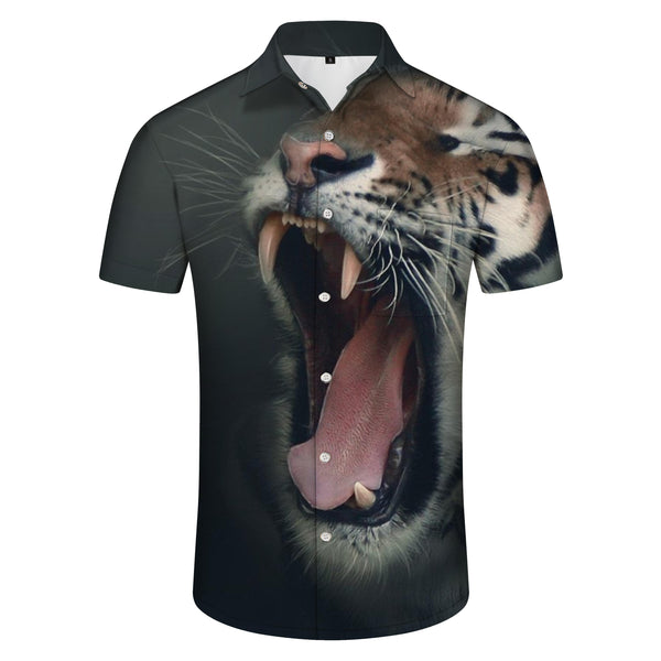 
Roaring Fangs Tiger Short Sleeve Hawaiian Shirt Casual Men's 3D Tiger Stripe Dark
                