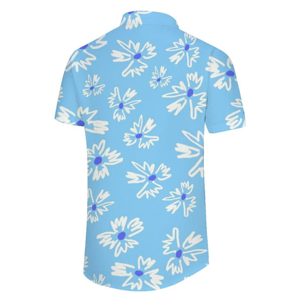 
Blue men's retro daisy flower seaside play floral print short-sleeved shirt loose lapel button short-sleeved shirt Hawaiian style
                