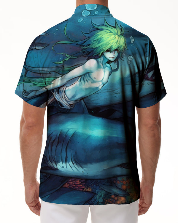
Green Hair Underwater Mermaid and Shark Men's Short Sleeve Shirt Beautiful Underwater Scenery Men's Button Shirt Blue
                