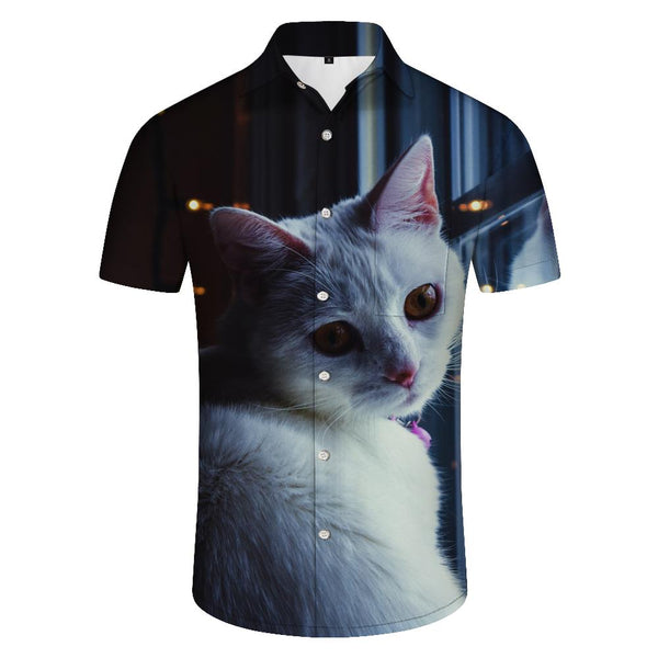 
White Cat Hawaiian Shirt Men's Short Sleeve Hawaiian Shirt Men's Funny Cat Beach Shirt
                