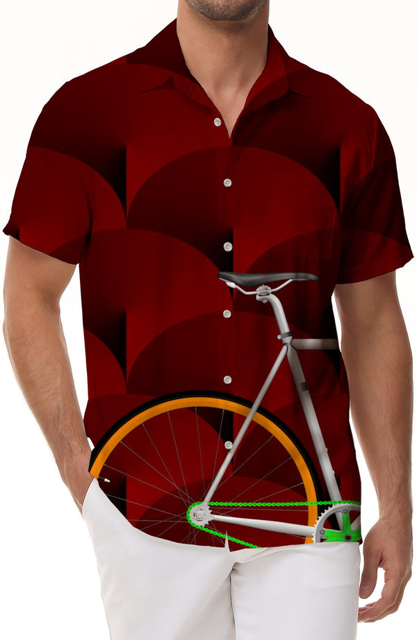 Four Seasons Fashion Brown Vintage Bicycle Graphic Print Men's Hawaiian Shirt Casual Floral Button Short Sleeve Beach Tropical