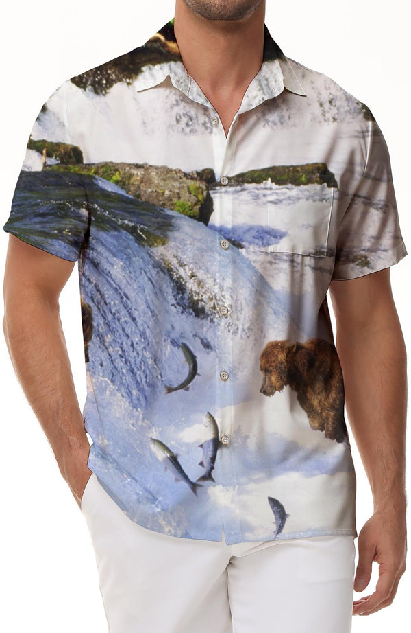 Water and fish bear Hawaiian shirt tropical beach style men's shirt short sleeve button shirt fun