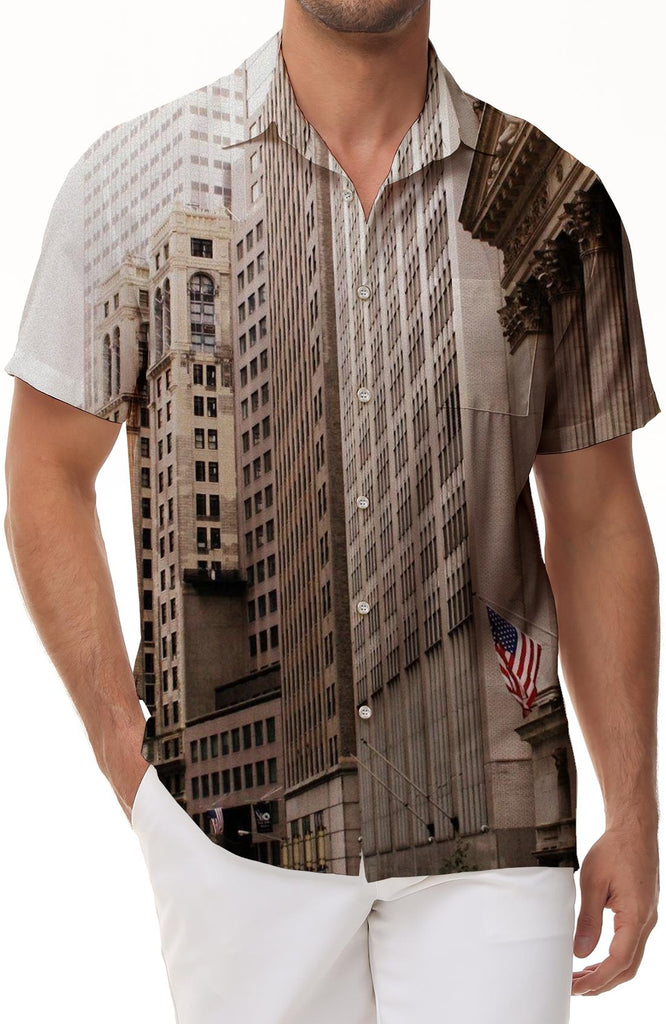 Empire State Building Print Men's Front Pocket Hawaiian Shirt Casual Button-Down Short Sleeve Beach Shirt