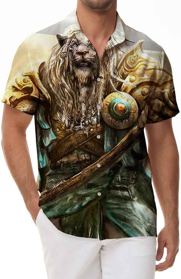 Ancient mythical beast Hawaiian button daily street comfortable men's 3D animal print shirt pattern short sleeve loose breathable top