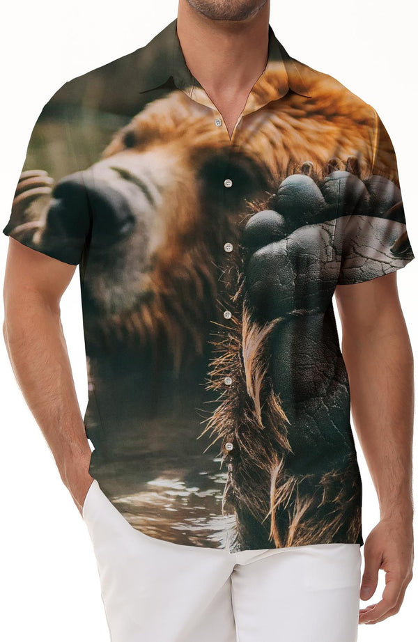 Classic Men's Casual Shirt Brown Bear Short Sleeve Regular Fit Printed Pattern Shirt Hawaiian Button Lapel