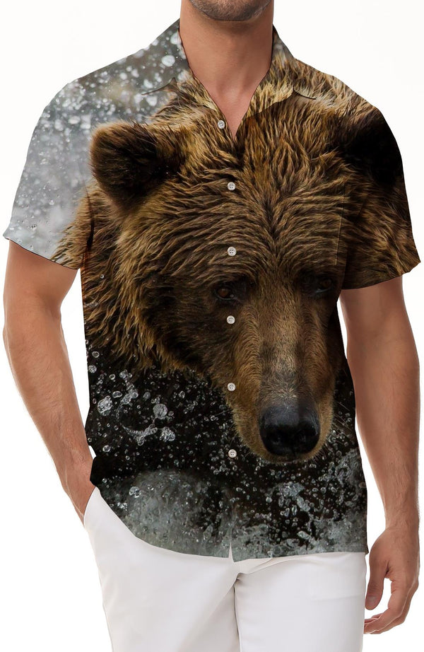 Wild Brown Bear Hawaiian Shirt Men's Casual Button Short Sleeve Tropical Summer Beach Fashion Popular