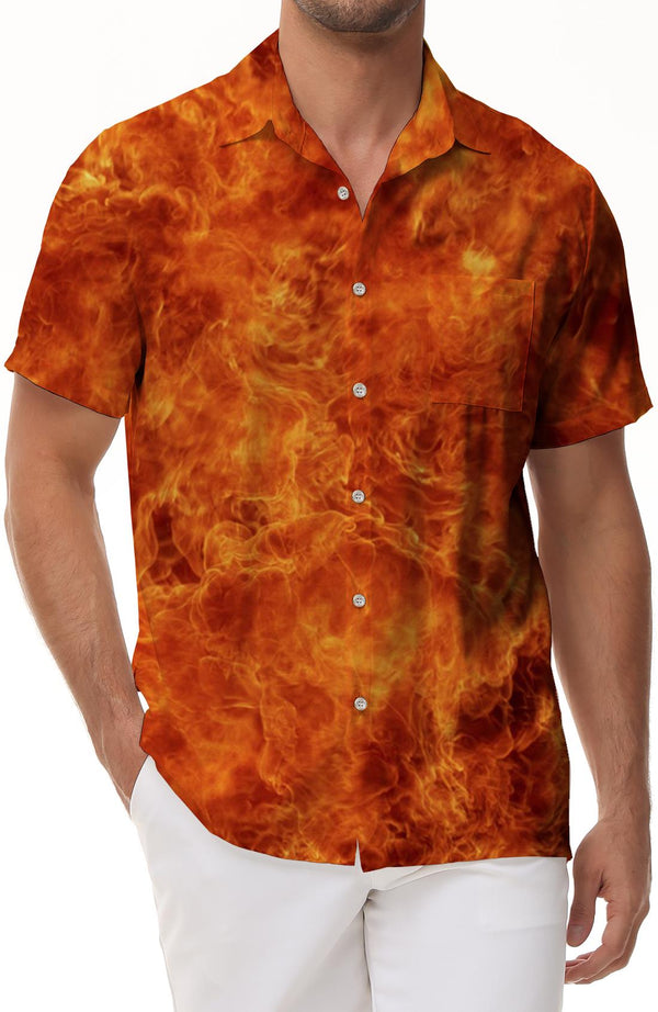 Burning Orange Flame Men's Loose Short Sleeve Shirt 3D Printed Button-Up Beach Seaside Casual Hawaiian Shirt