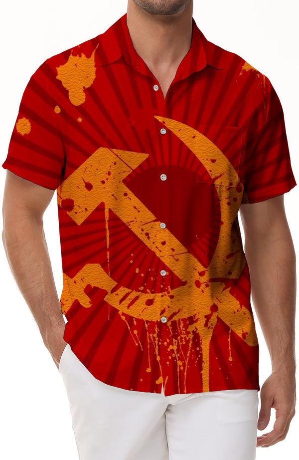 Russian hammer flag hook Soviet sickle men's short sleeve shirt Hawaiian beach short sleeve work shirt casual