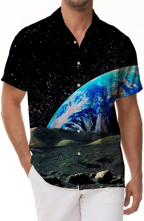Earth and Moon Space Planet Fashion Seaside Clothing Hawaiian Button Regular Style Clothing 3D Digital Printing Pattern Men's Casual Short Sleeve Shirt Beach Clothing