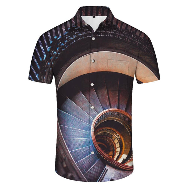 
3d digital printing gorgeous retro style spiral staircase loose men's casual button-down shirt short sleeve summer tops shirt short sleeve
                