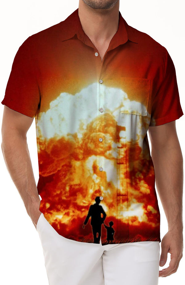 Nuclear weapon huge explosion mushroom cloud men's short sleeve Hawaiian print shirt summer beach button shirt lapel