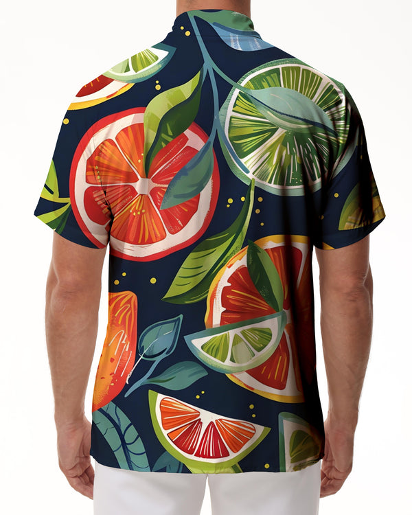 
Fruit lemon men's casual loose printed pattern Hawaiian button-down lapel seaside vacation short-sleeved shirt
                
