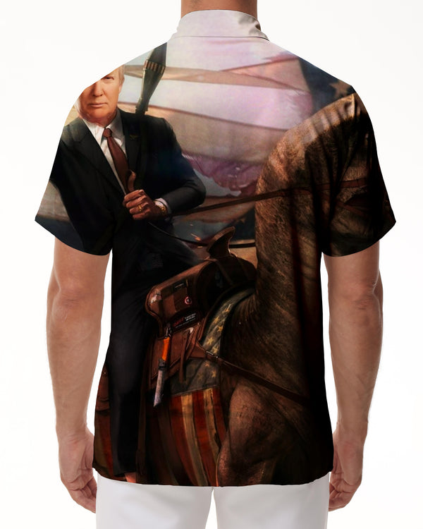 
Interesting Trump fashion print men's casual button lapel Hawaiian four seasons short sleeve shirt happy travel
                
