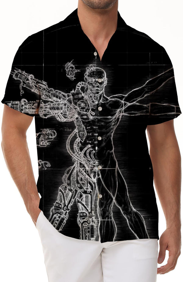 Summer essential clothing print pattern human body structure detailed diagram men's casual loose beach seaside short-sleeved shirt black