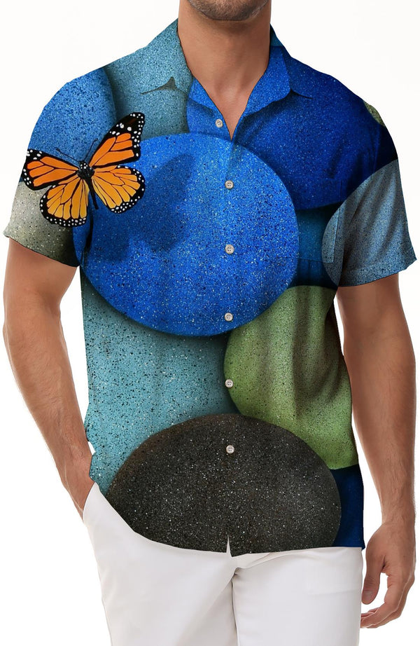Lucky Stone and Butterfly Print Men's Casual Short Sleeve Shirt Four Seasons Button Hawaiian Shirt Blue