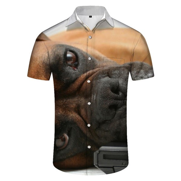 
Brown cute bulldog puppy men's casual daily simple loose short-sleeved shirt button-down lapel fashionable and comfortable summer shirt
                