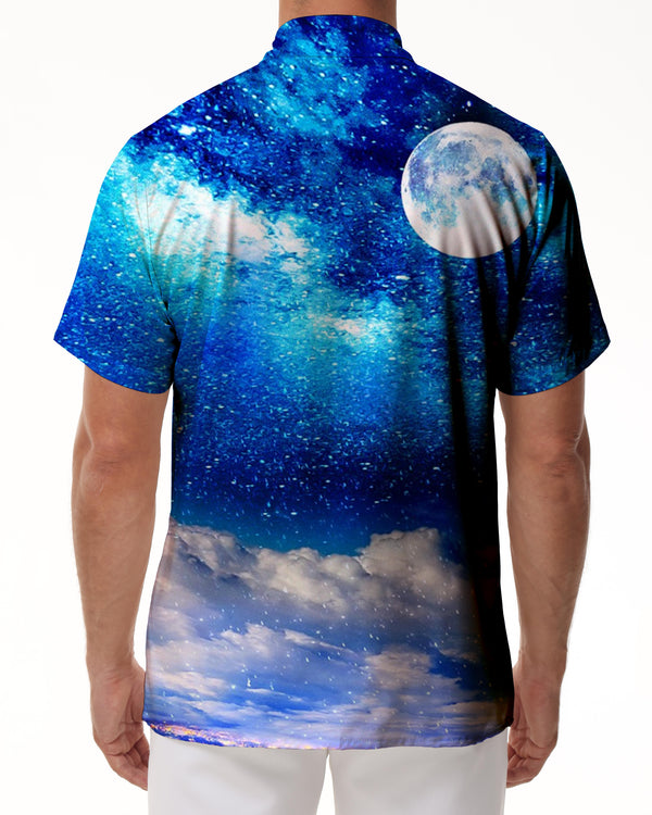 
Blue night scenery men's casual short-sleeved four seasons lapel 3D printed shirt fashion tops shirt short sleeves
                