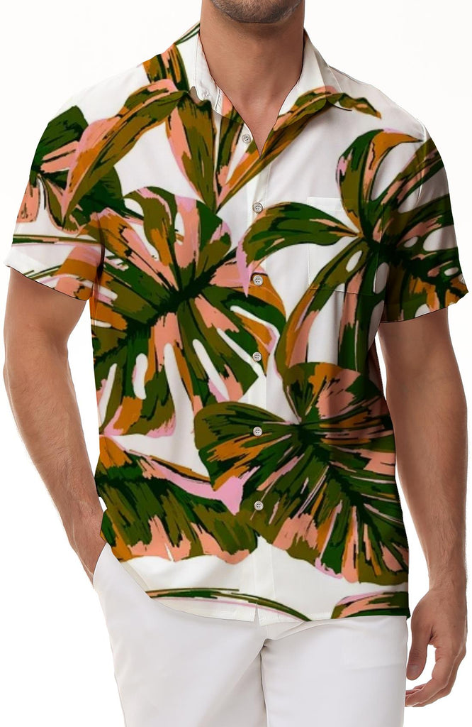 Summer coconut tree vacation seaside fashion short-sleeved Hawaiian button-down lapel pocket casual men's simple short-sleeved shirt