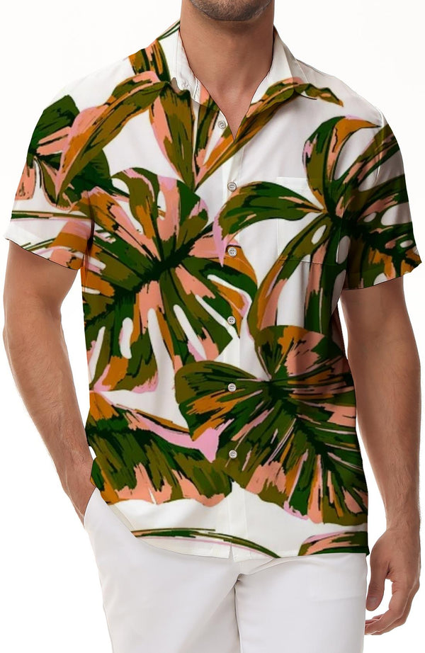 Summer coconut tree vacation seaside fashion short-sleeved Hawaiian button-down lapel pocket casual men's simple short-sleeved shirt