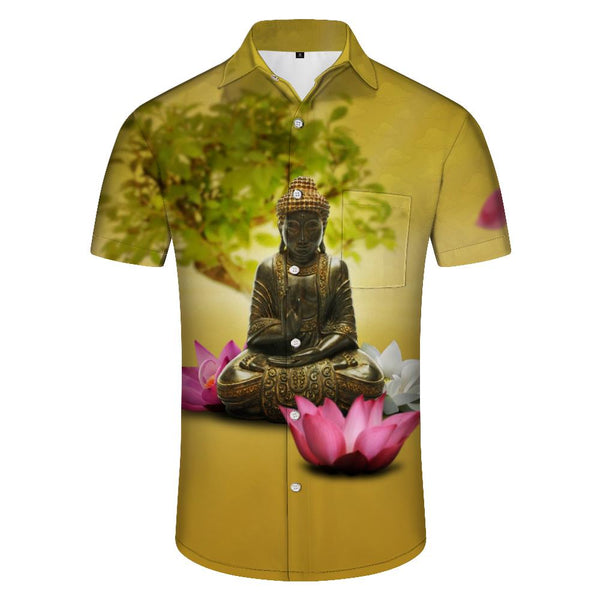 
Chinese Buddha Gold Statue Trendy Men's Comfortable Breathable Short Sleeve Shirt Casual Tops Regular Style
                