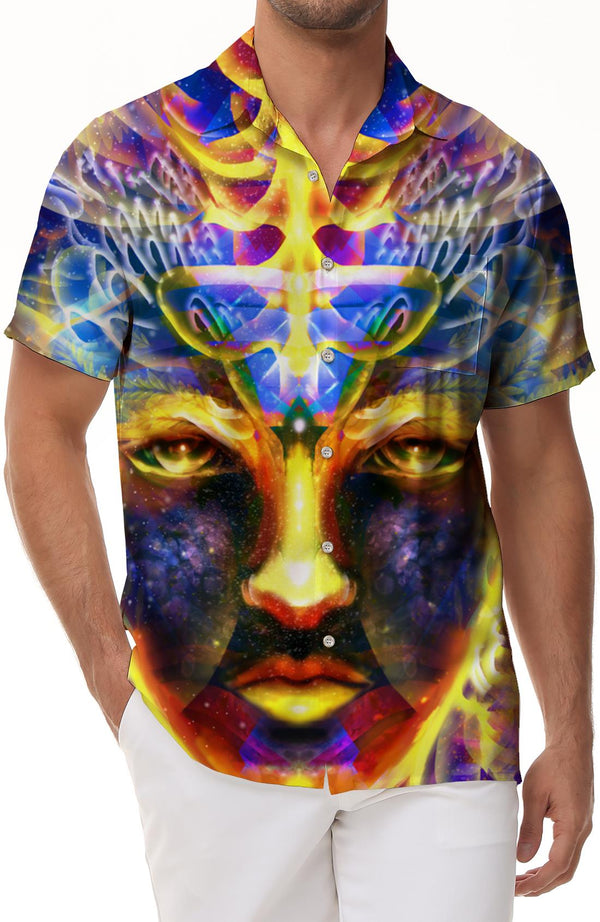 Buddha statue colorful 3D print pattern Hawaiian button pocket lapel tropical four seasons men's casual loose travel seaside beach clothing