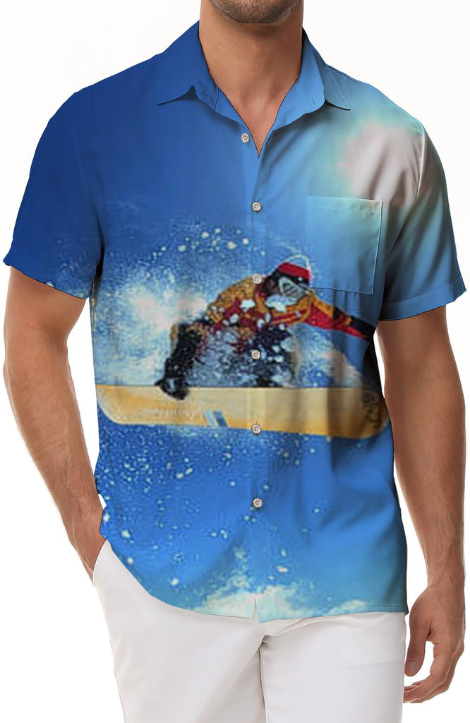 Exciting Snowboard Pattern Fashion Cool Print Hawaiian Shirt Men's Summer Beach Casual Short Sleeve Shirt Button Closure