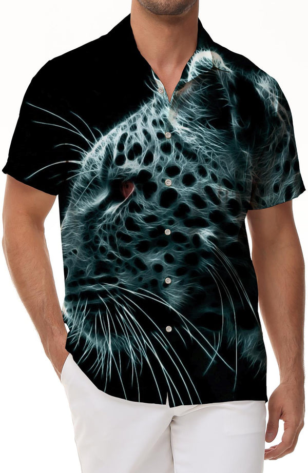 Tiger Print Fashion Men's Hawaiian Shirt Casual 3D Printed Pattern Summer Loose Short Sleeve Top Trendy Lapel Button Beach Shirt Black