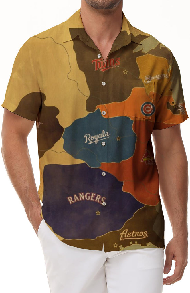 Retro American map loose shirt short sleeve breathable Hawaiian lining shirt men's four seasons comfortable shirt short sleeve shirt casual daily travel holiday seaside tropical