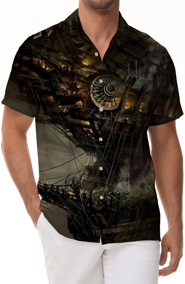 Summer Men's Boat Print Short Sleeve Shirt Tops Casual Hawaiian Lapel Button Shirt Fashion Loose Clothing