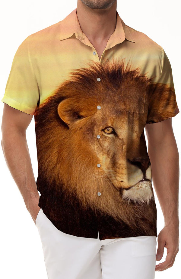 Hawaiian Beach Shirt Tops Men's 3D Lion Printed Button Shirt Men's Casual Short Sleeve