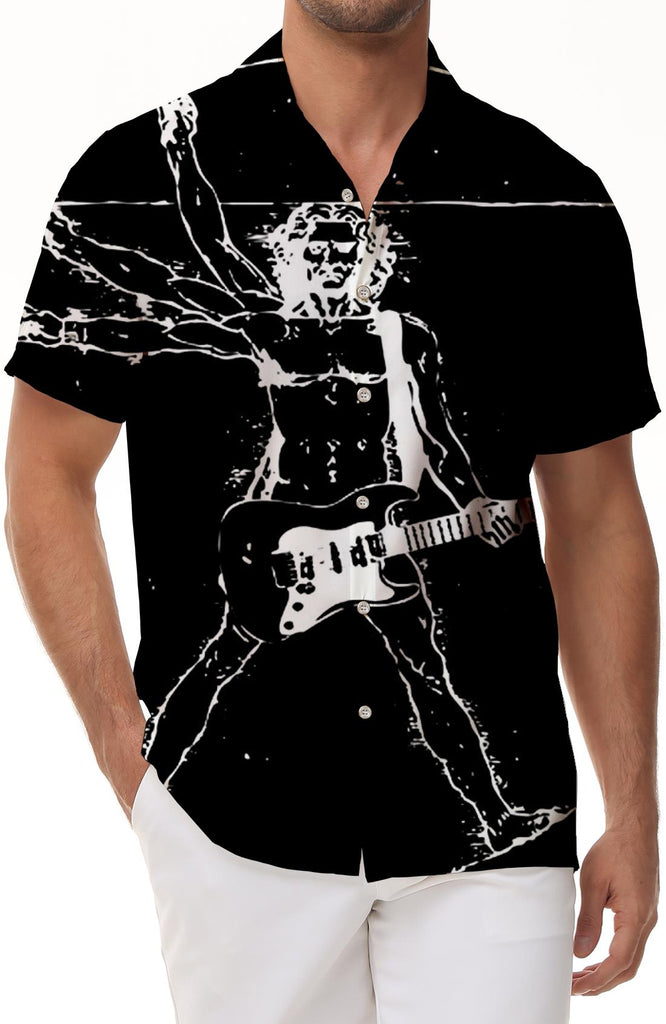 Black men's Hawaiian shirt music guitar print tops fashion casual clothing large collar rock shirt summer