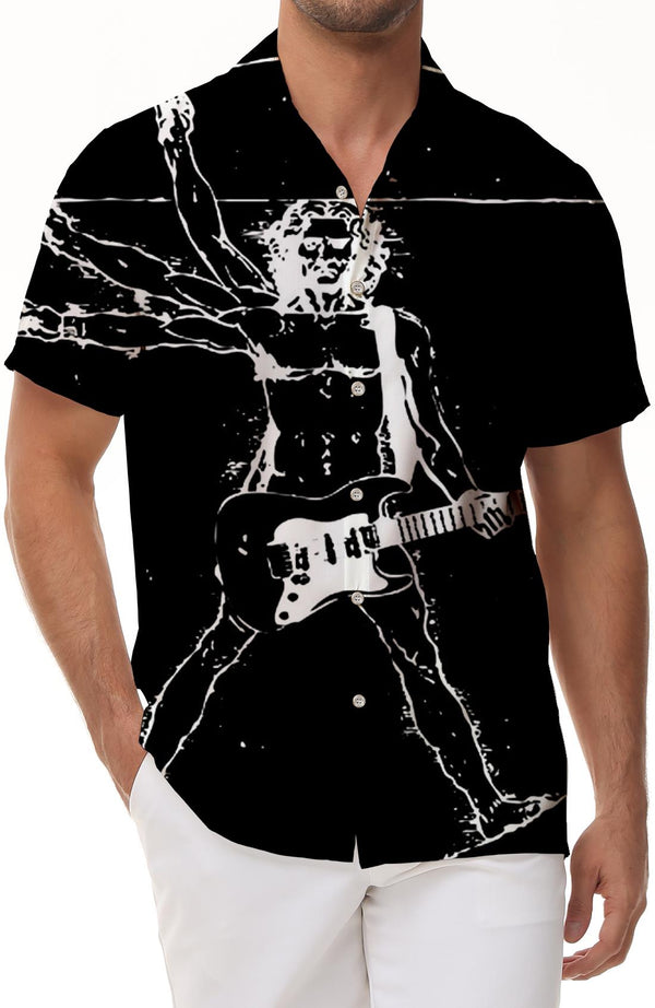 Black men's Hawaiian shirt music guitar print tops fashion casual clothing large collar rock shirt summer