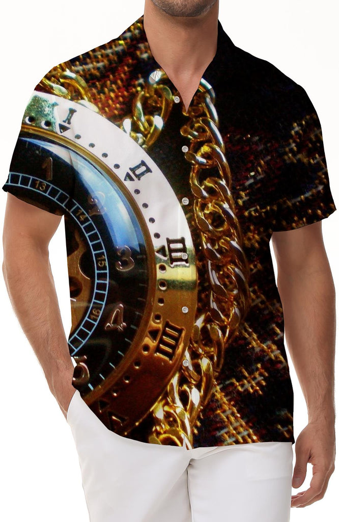 Gold Punk Style Clock Men's Short Sleeve Hawaiian Tropical Four Seasons Shirt Casual Shirt Work Shirt Summer Sports