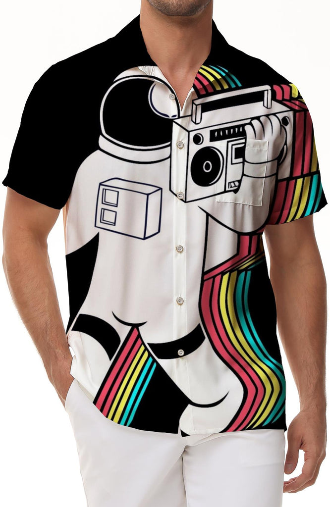 Folding Astronaut Radio Mens Hawaiian Shirt Summer Short Sleeve Button Shirt Casual Beach Shirt