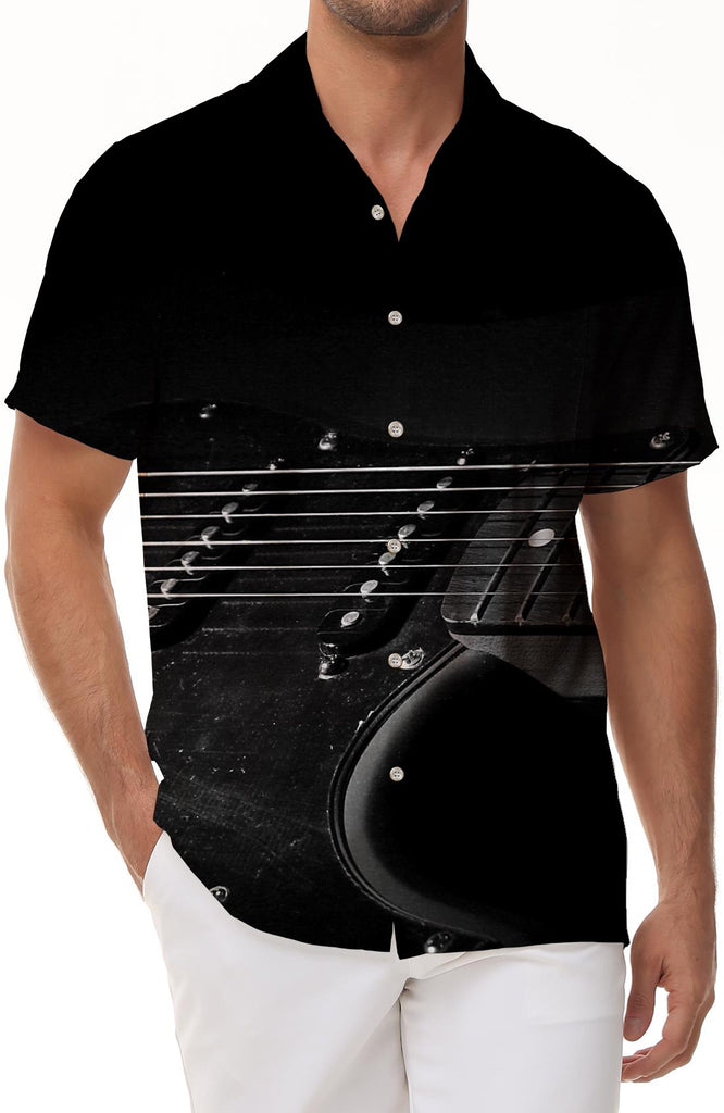 Black electric guitar print Hawaiian shirt casual men's loose outdoor short-sleeved summer beach casual short-sleeved button shirt