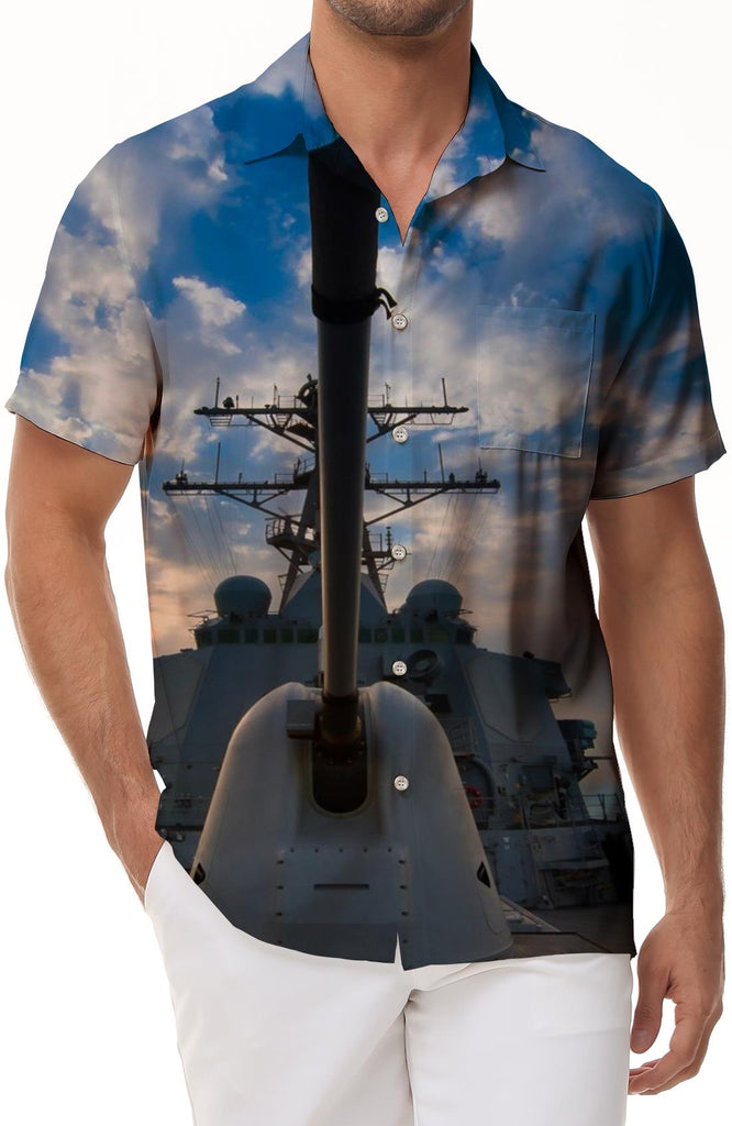 Aircraft carrier print men's short-sleeved daily Hawaiian casual trendy shirt tops breathable
