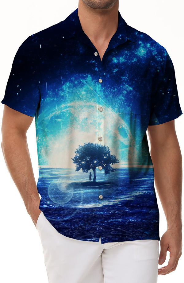 Fantasy outer space meteor shower digital printing short-sleeved shirt men's casual loose fashion short-sleeved Hawaiian button short-sleeved shirt tropical